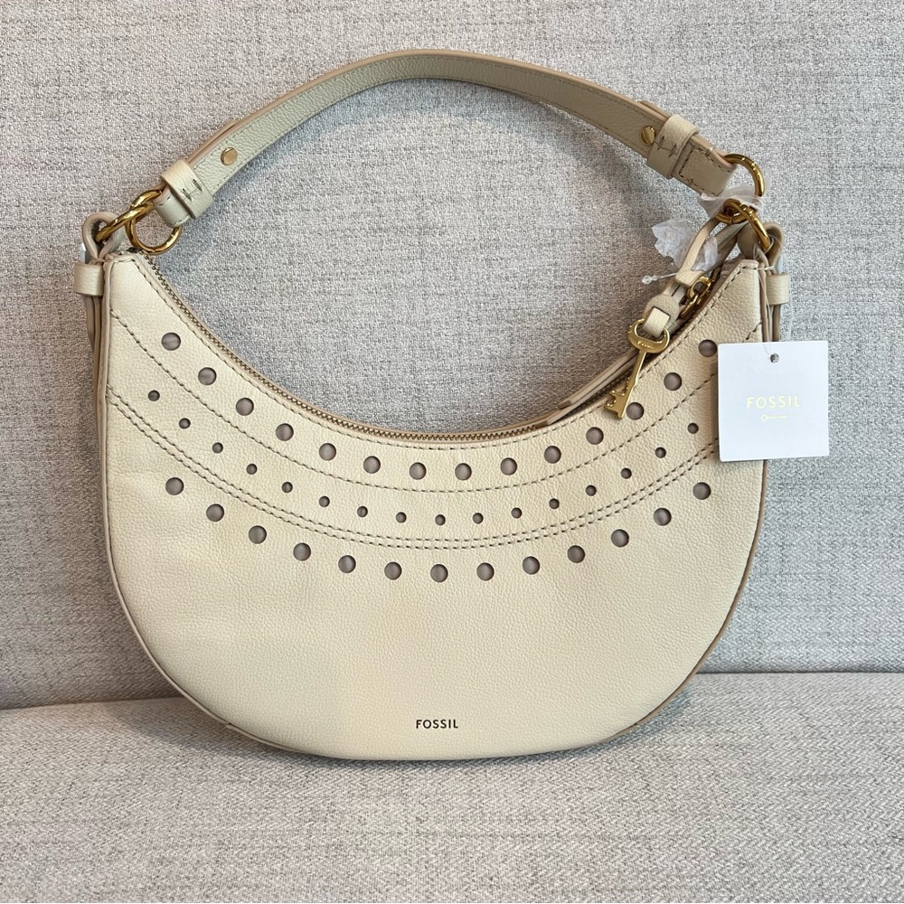 NWT FOSSIL SHAE SMALL LEATHER HOBO CREAM CROSSBODY SHOULDER BAG